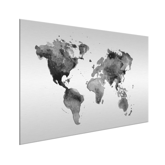 Bouwen op deed het Mediaan Aquarel zwart - wit aluminium - Wereldkaart op aluminium - Wereldkaart