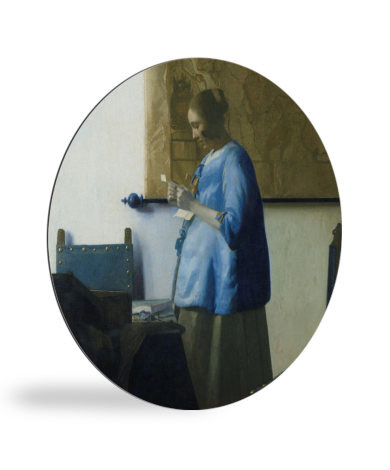 Brieflezende vrouw in het blauw - Schilderij van Johannes Vermeer wandcirkel 