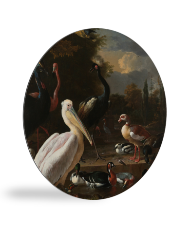 Een pelikaan en ander gevogelte bij een waterbassin - Schilderij van Melchior d'Hondecoeter wandcirkel 