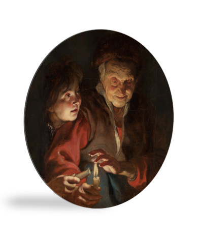 Oude vrouw en jongen met kaarsen - Schilderij van Peter Paul Rubens wandcirkel 