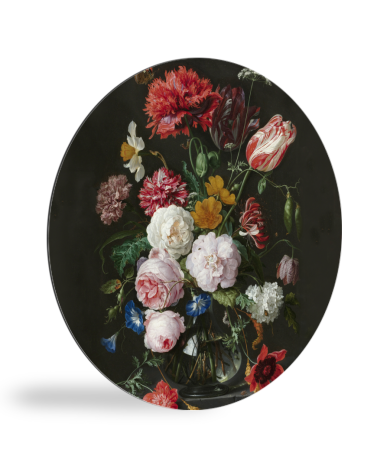 Stilleven met bloemen in een glazen vaas - Schilderij van Jan Davidsz de Heem wandcirkel 