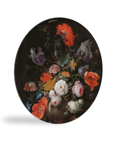 Stilleven met bloemen en een horloge - Schilderij van Abraham Mignon wandcirkel 