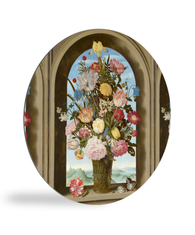 Vaas met bloemen in een venster - Schilderij van Ambrosius Bosschaert de Oude wandcirkel 