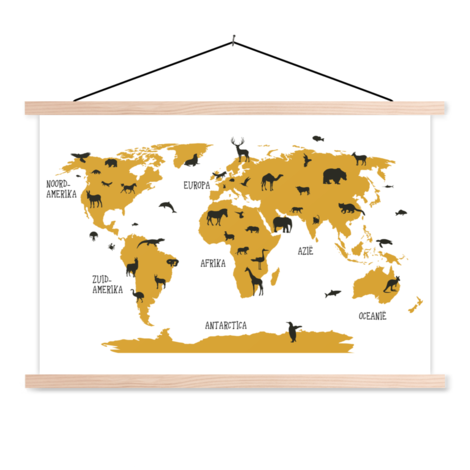 onderdak Ontleden Pathologisch Dieren geel textielposter - Wereldkaart op schoolplaat - Wereldkaart