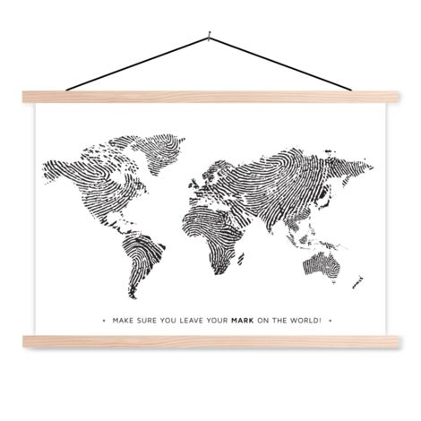 pols ziek raket Vingerafdruk zwart-wit met tekst textielposter - Wereldkaart op schoolplaat  - Wereldkaart