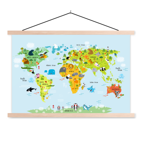 Onderdompeling Vooruitzicht Resultaat Ons dierenrijk - baby textielposter - Wereldkaart op schoolplaat -  Wereldkaart