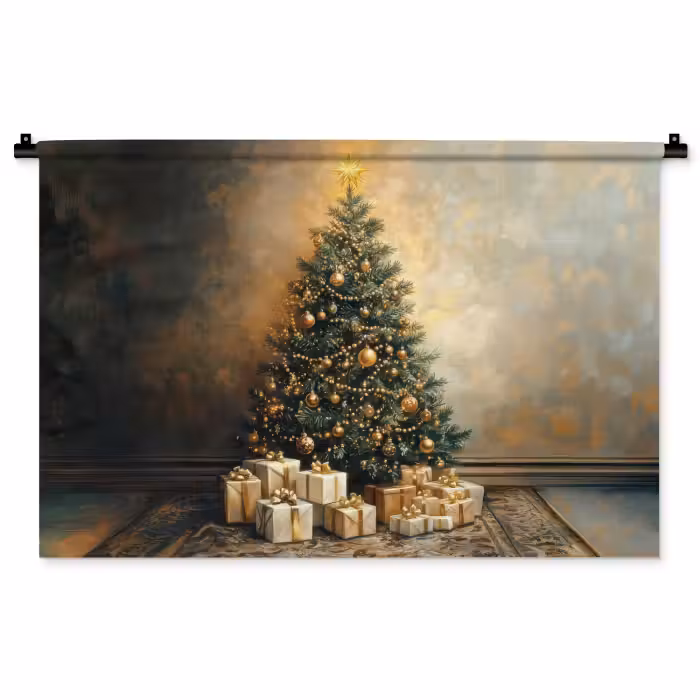 Wandkleed - Kerstboom - Cadeaus - Goud