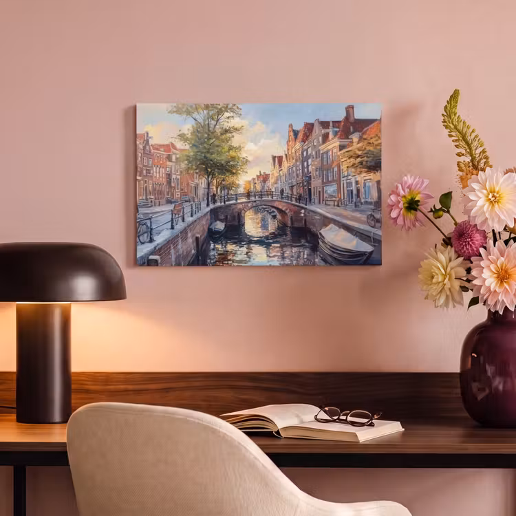 Canvas schilderij - Brug - Stad - Huizen - Boot — 3