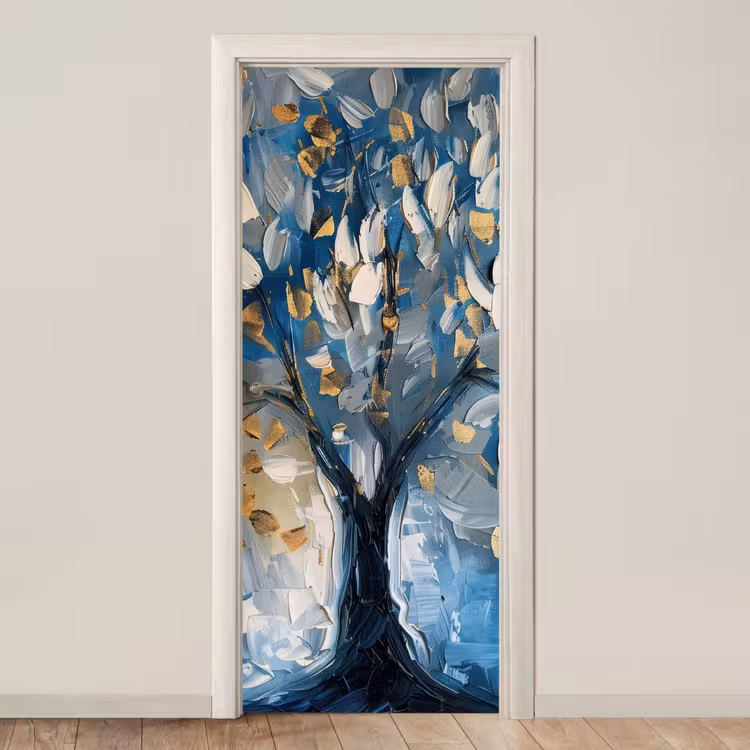 Deursticker - Boom - Blauw - Goud - Abstract — 1