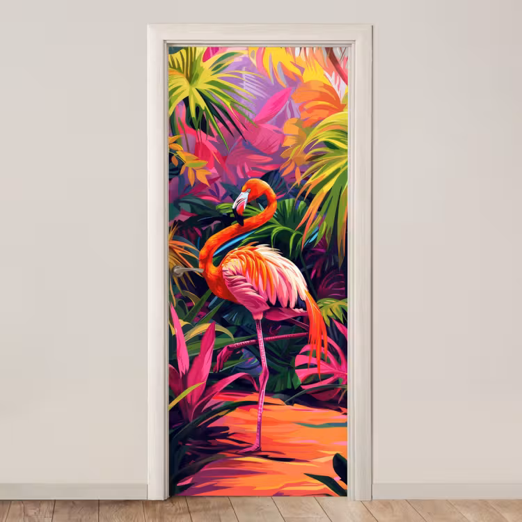 Deursticker - Flamingo - Tropisch - Dier - Bladeren — 1