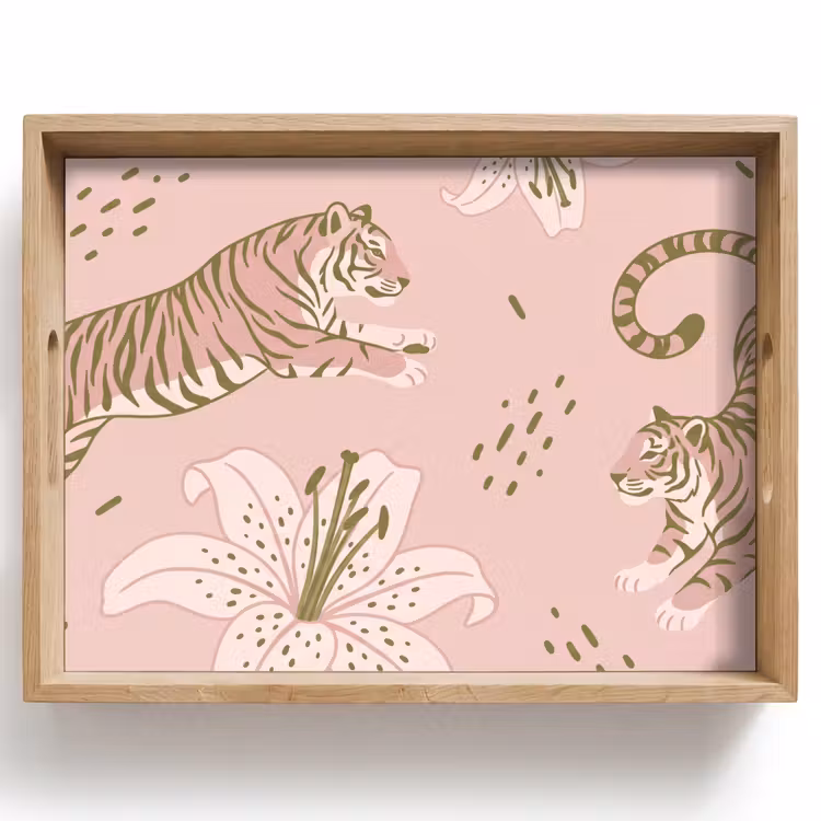 Dienblad - Kat - Springend - Bloemen - Abstract - Roze — 1