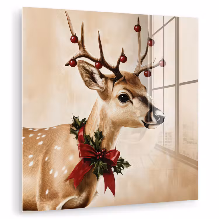 Glas schilderij - Gewei - Kerst - Rendier - Rood — 1