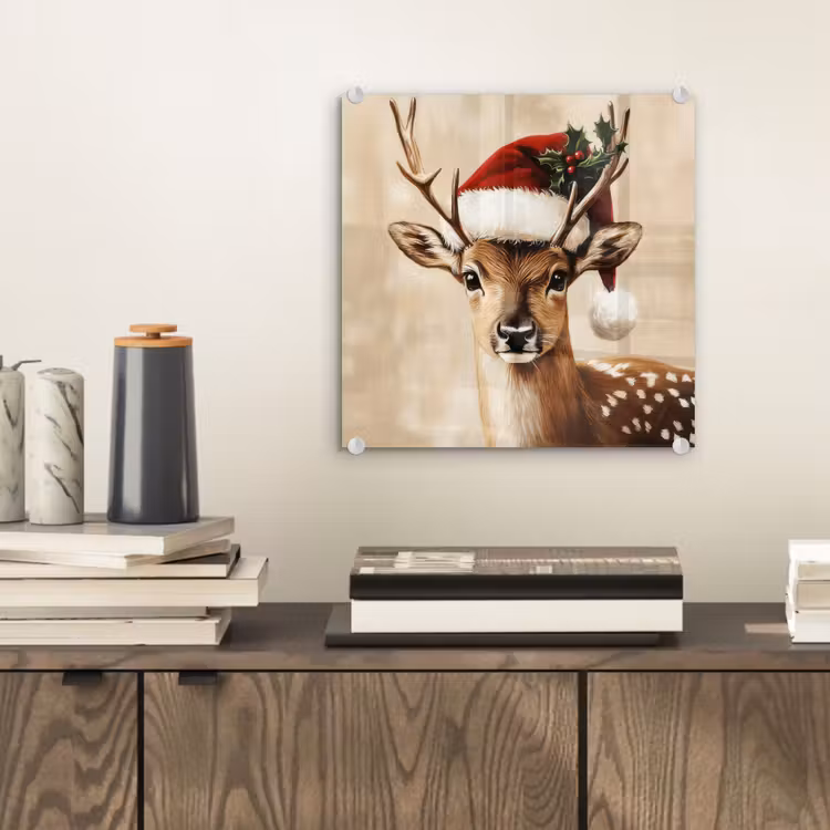 Glas schilderij - Kerst - Hert - Gewei - Rood — 2