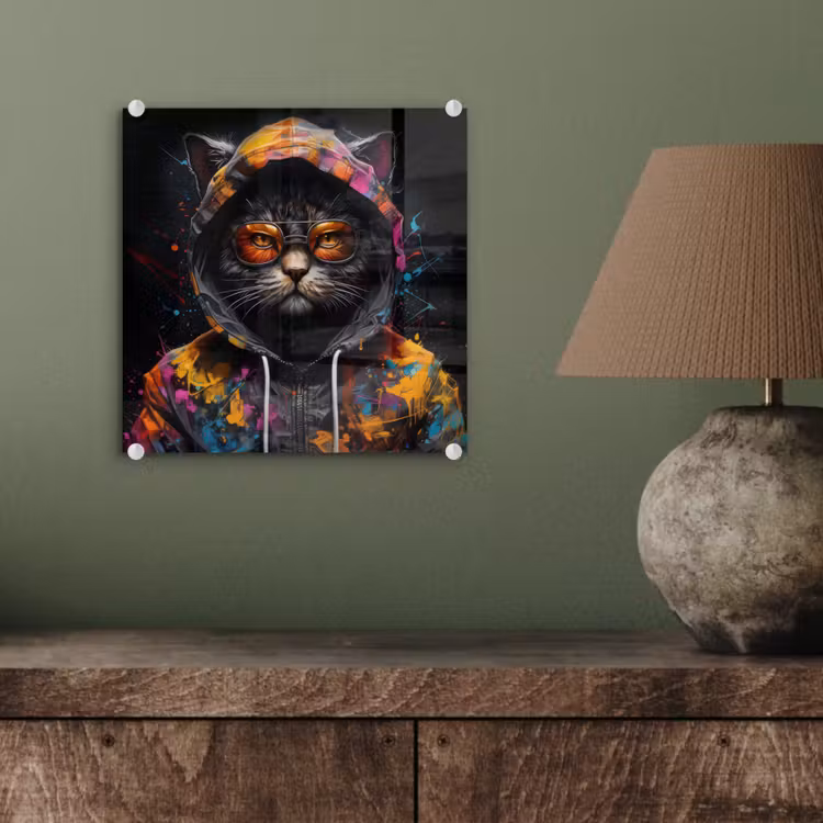 Glas schilderij - Kat - Jas - Graffiti - Bril - Zwart — 4