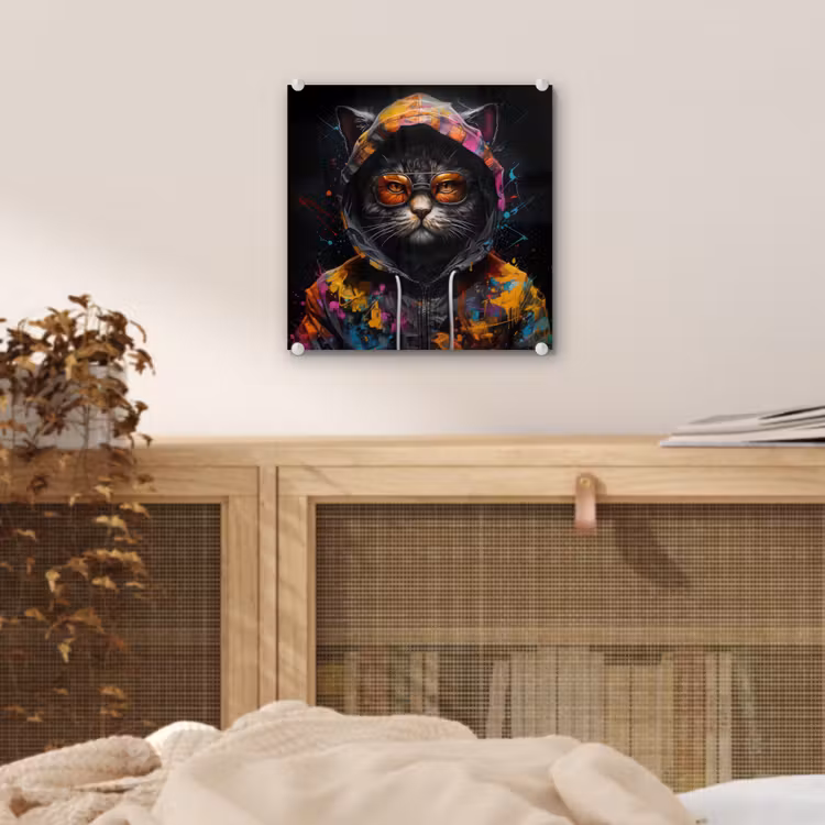 Glas schilderij - Kat - Jas - Graffiti - Bril - Zwart — 5