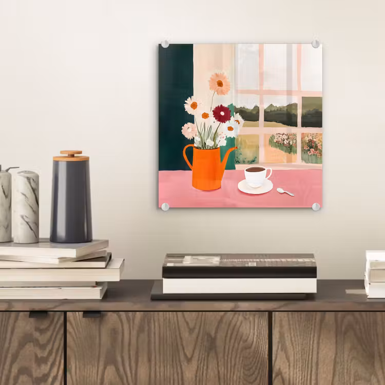 Glas schilderij - Bloemen - Koffie - Raam — 2