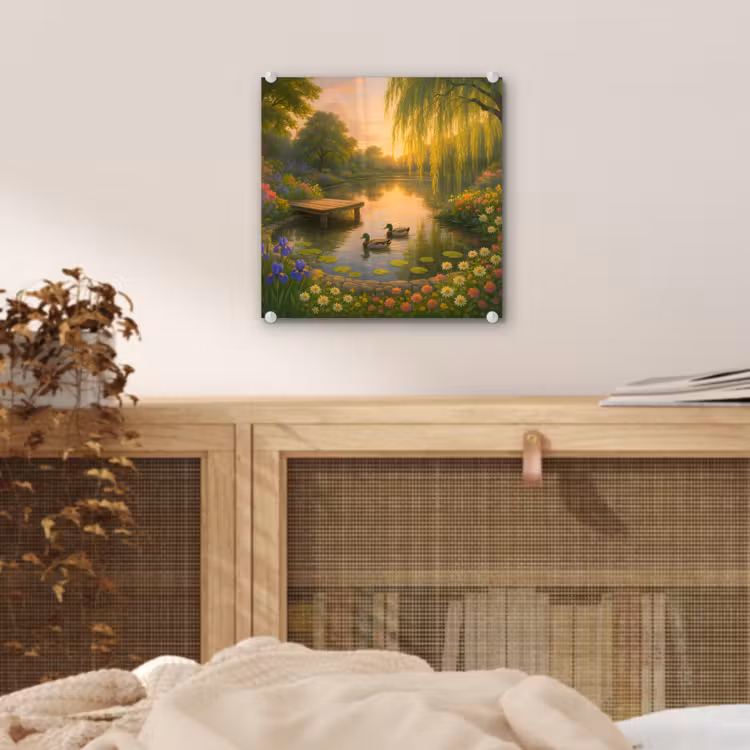 Glas schilderij - Eenden - Vijver - Bloemen — 5