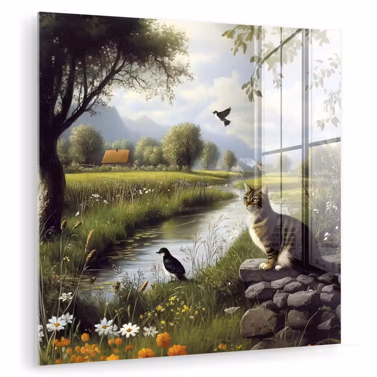 Glas schilderij - Kat - Beekje - Weide — 1