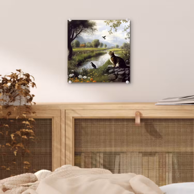 Glas schilderij - Kat - Beekje - Weide — 5
