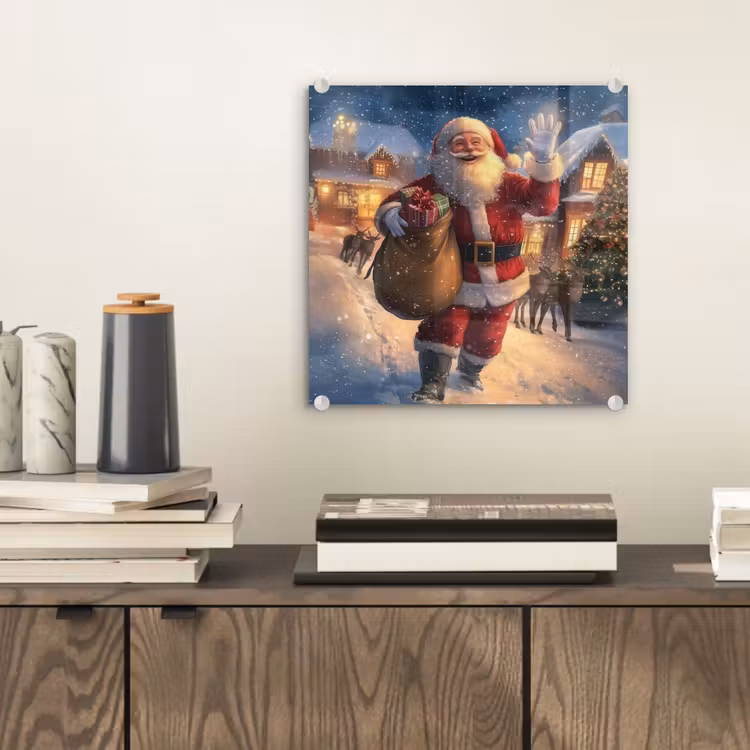 Glas schilderij - Kerstman - Dorp - Hert - Donker — 2