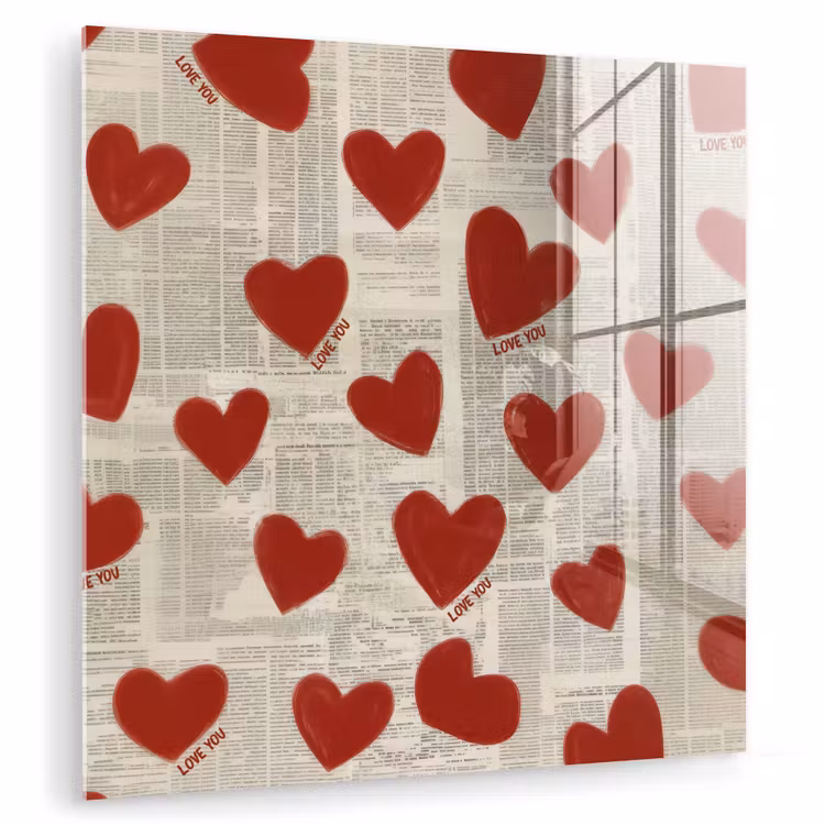 Glas schilderij - Hartjes - Krant - Loveyou — 1