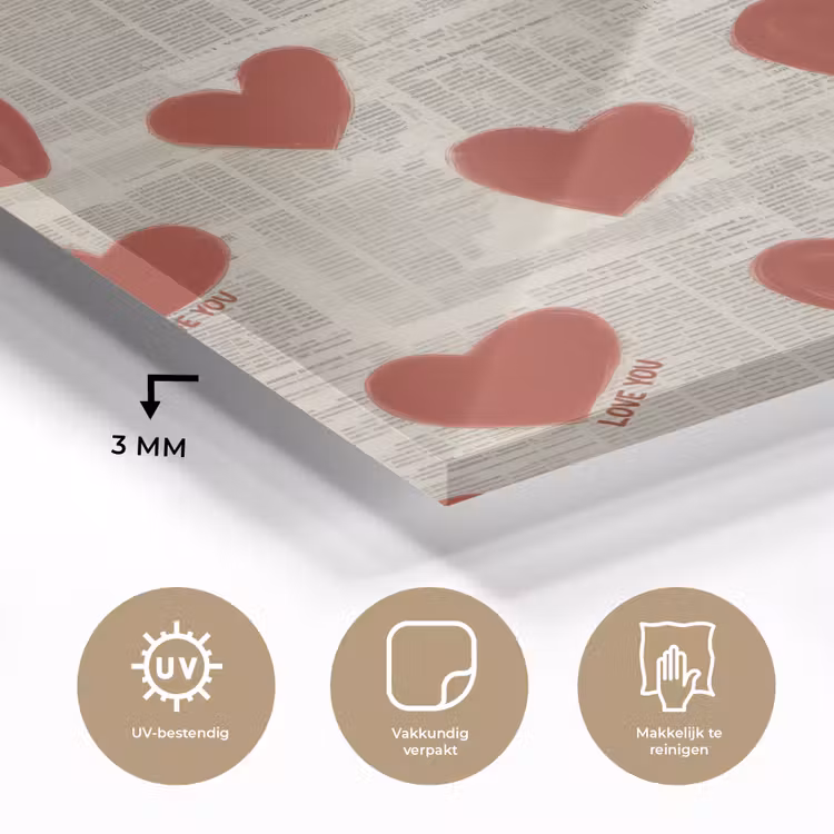 Glas schilderij - Hartjes - Krant - Loveyou — 3
