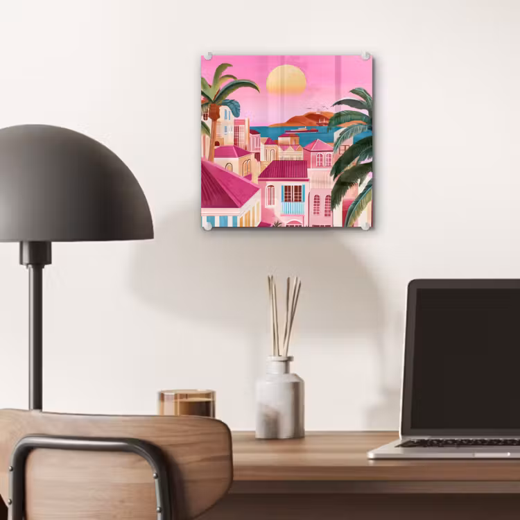 Glas schilderij - Stad - Roze - Palmbomen — 7