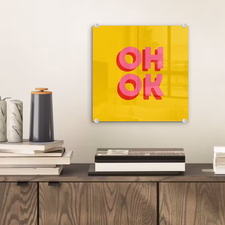 Glas schilderij - Oh ok - 3D - Geel - Roze — 2