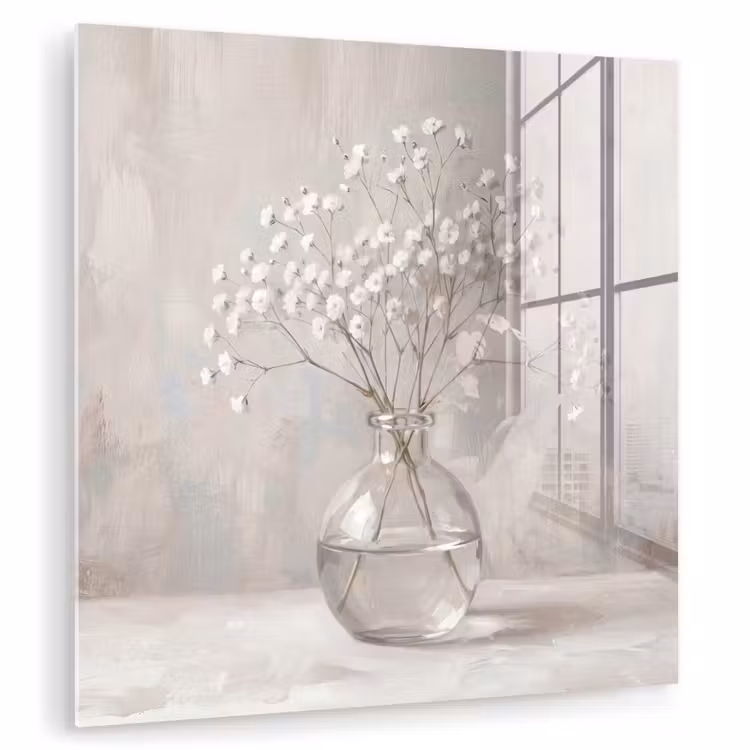 Glas schilderij - Gipskruid - Vaas - Wit — 1