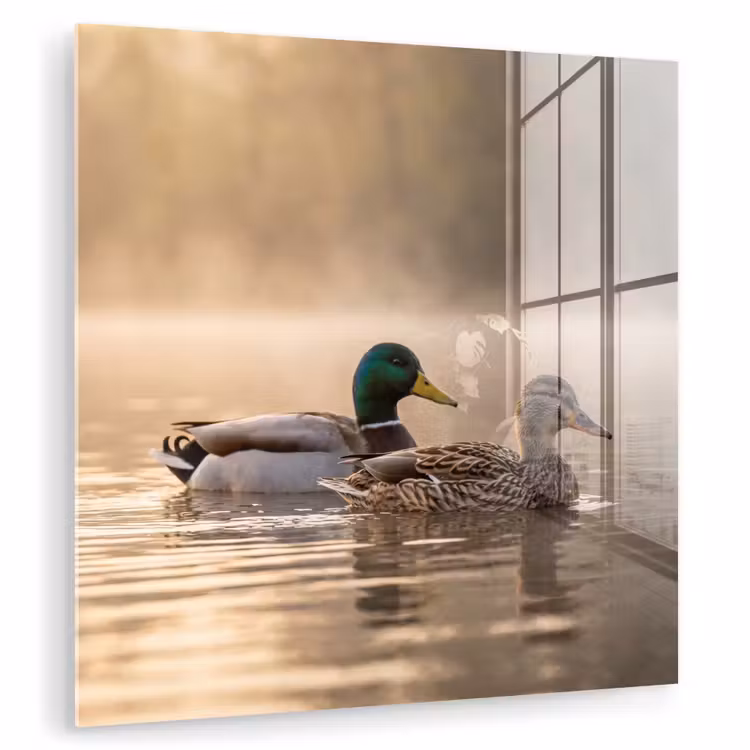 Glas schilderij - Eenden - Water - Mist - Natuur — 1