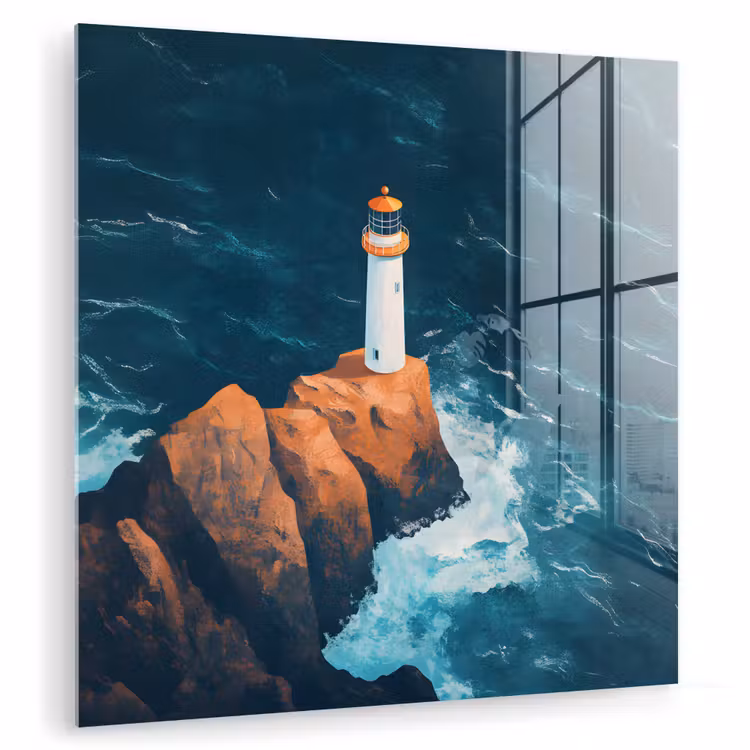 Glas schilderij - Vuurtoren - Rots - Zee - Golven — 1