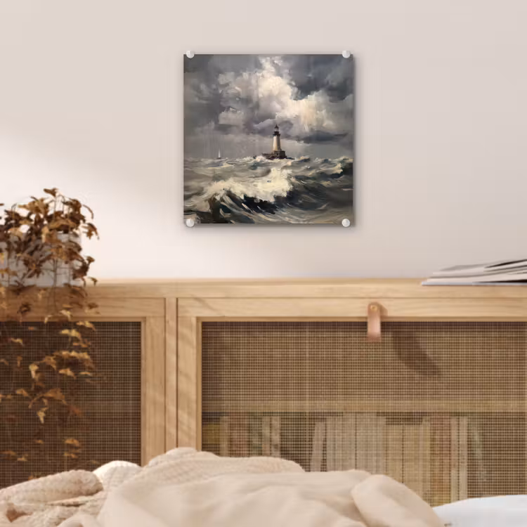 Glas schilderij - Vuurtoren - Golven - Storm — 5