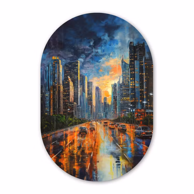 Muurovaal - Glas - Auto - Skyline - Zon - Blauw — 1