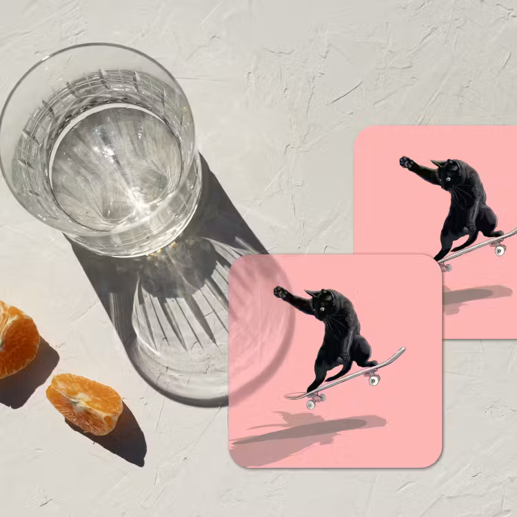 Onderzetter - Kat - Skateboard - Roze — 2
