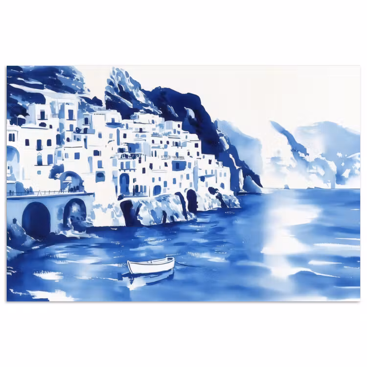 poster - Dorp - Rotswand - Roeiboot - Water — 1
