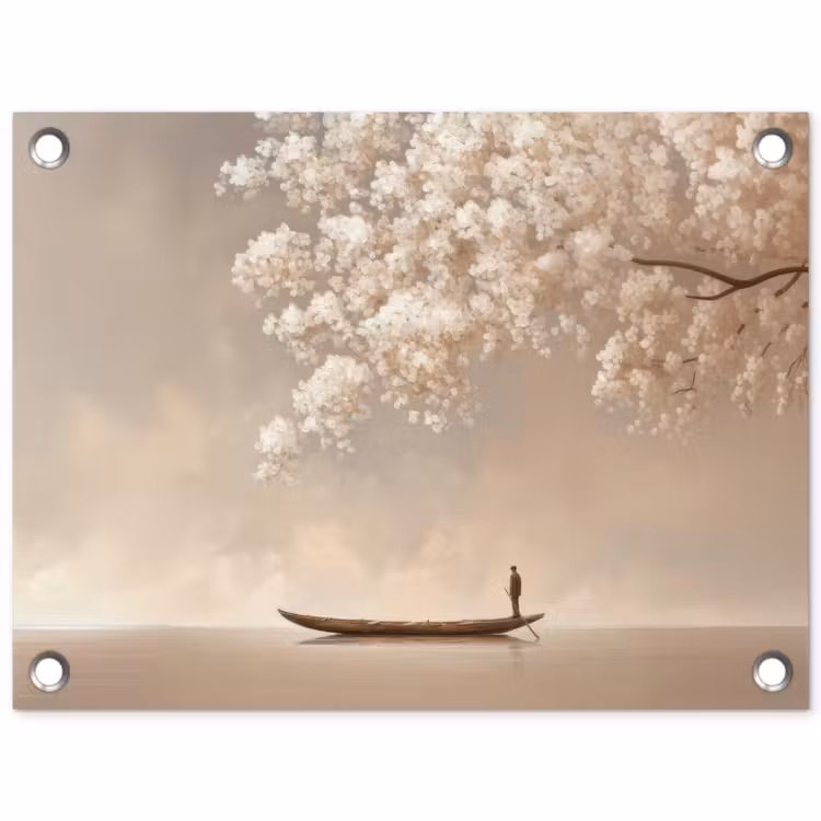 Tuinposter - Bloesems - Wit - Boot - Minimalistisch — 1
