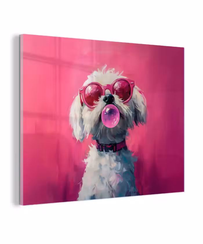 Glas schilderij - Pink - Hond - Bubbel