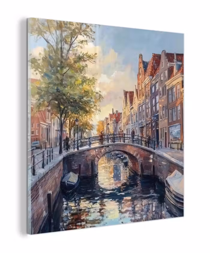 Glas schilderij - Brug - Stad - Huizen - Boot